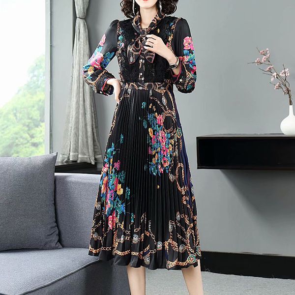 

2021 autumn new women's party vintage elegant chic long sleeve print pleated midi dress d146, Black;gray