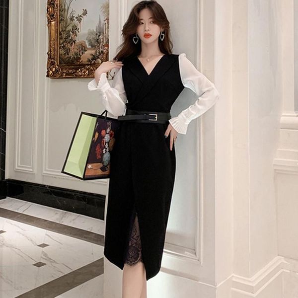 

casual dresses korean edition 2021 spring high-end women's dress fashion pattern v collar long sleeves chiffon splicing lace, Black;gray