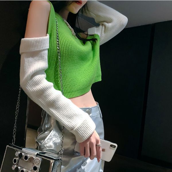 

women's sweaters woman blouses off her shoulder contrast short color female mesh femme chandails pull hiver vdma, White;black
