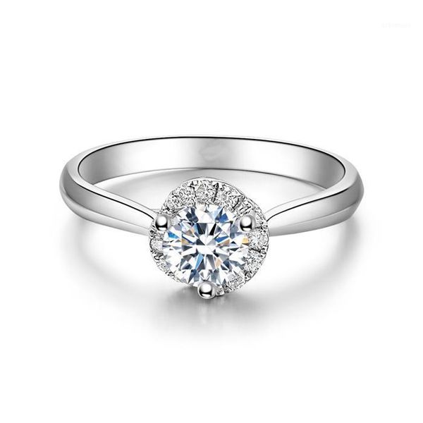 

au585 white gold ring women wedding anniversary engagement party rotate 3 claw round moissanite diamond elegant trendy cluster rings, Golden;silver
