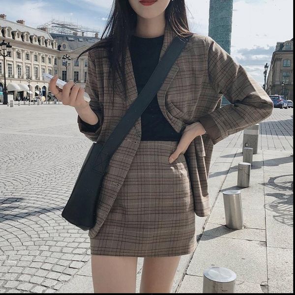 

plaid print notched blazer suit high waist pencil skirt set vintage autumn casual korean office lady two piece set, Gray