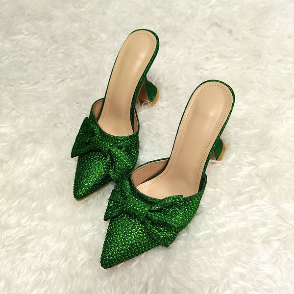 

2021 new runway bling rhinestone big bowtie mules woman pointed toe high heels pumps women party ladies shoes rpe5, Black