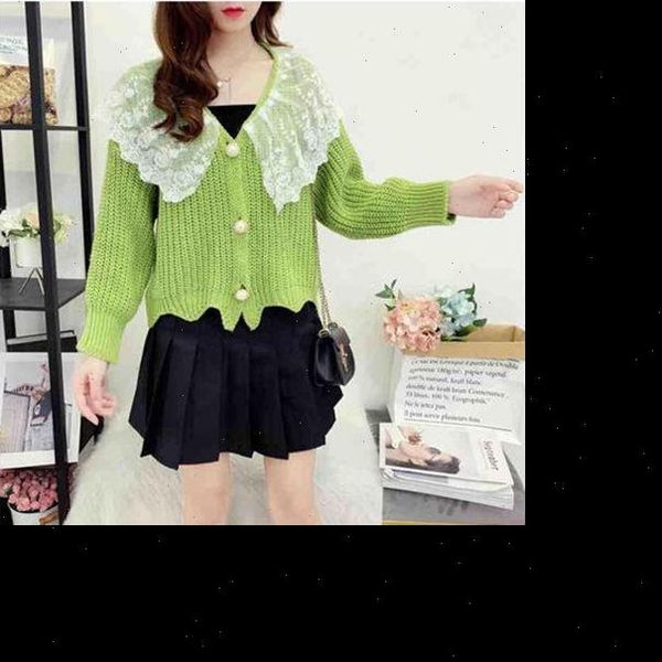 

women 2021 spring autumn knitted sweater cardigans female long sleeve single breasted solid knit coat lace patchwork outwear g56, White;black