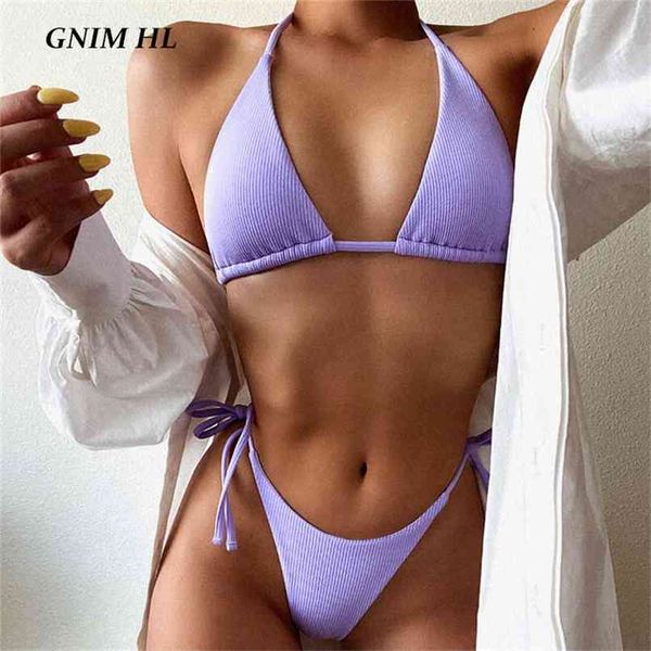 

gnim solid triangle bikini swimwear women bandage backless two pieces brazilian swimsuit beachwear biquini set 210630, White;black