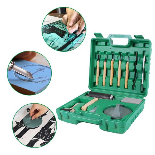 

professional hand tool sets 13pcs printmaking tools kit with carry box engraving wood block printing set carving rubber roller whetstone