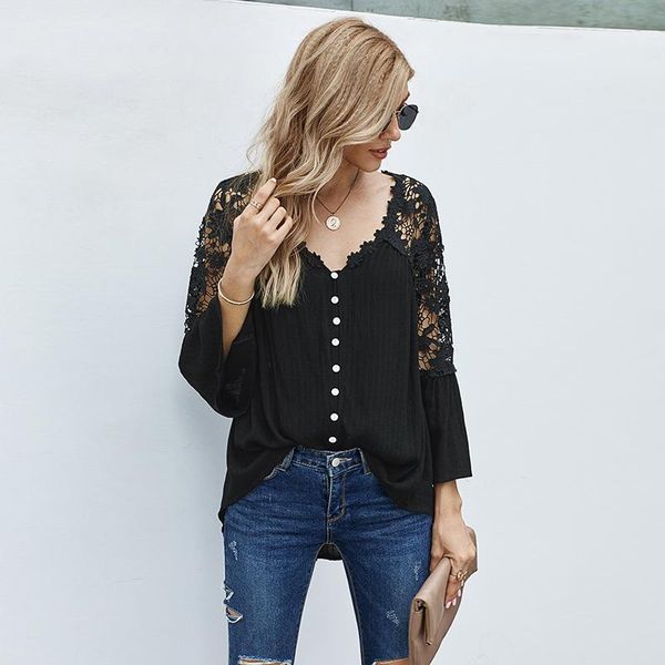 

fashion black lace hollow shirt women spring and autumn new loose fashion v-neck pullover ladies shirt, White