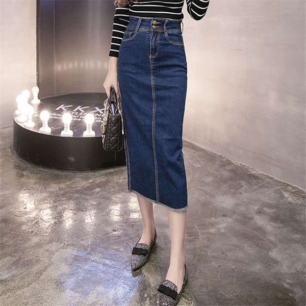 

new korean high waist mid length denim skirt in spring 2021, Blue