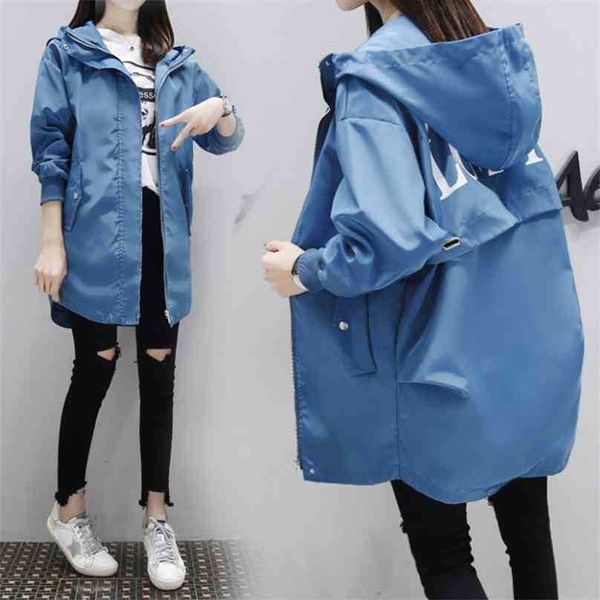 

korea casual trench coat fashion women long sleeved hooded letter printed medium loose windbreaker autumn coats 210525, Tan;black
