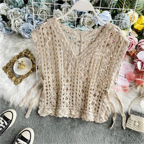

women's vests spring summer hollow out crochet vest women sleeveless waistcoat crop boho beach knit female pullover, Black;white