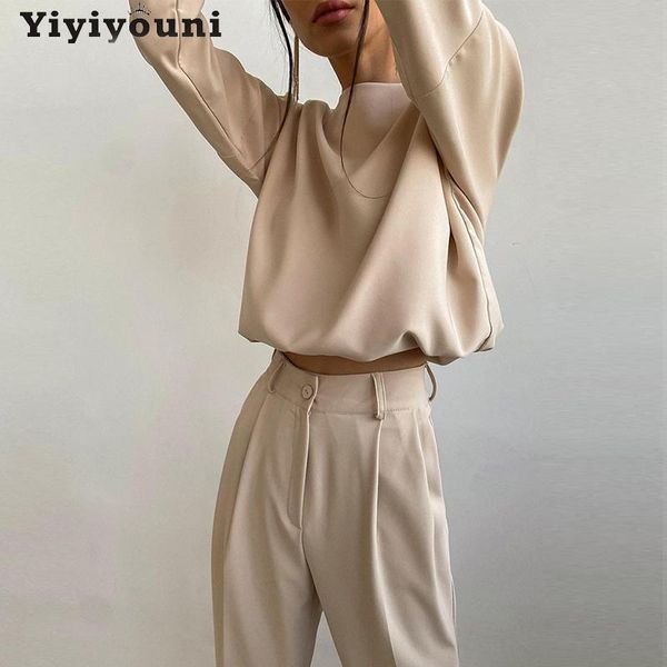 

women's two piece pants yiyiyouni spring and 2 set women long sleeve pullover high waist suits casual solid pieces, White