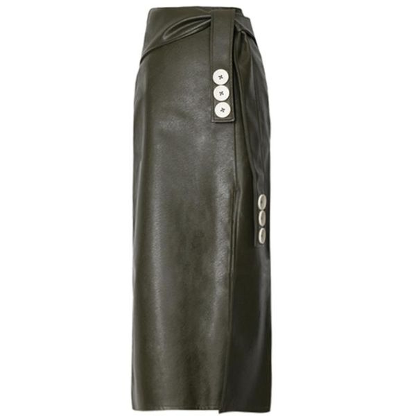 

skirts spring autumn ol elegant pencil midi high waist pu leather split wrap with belt female fashion, Black