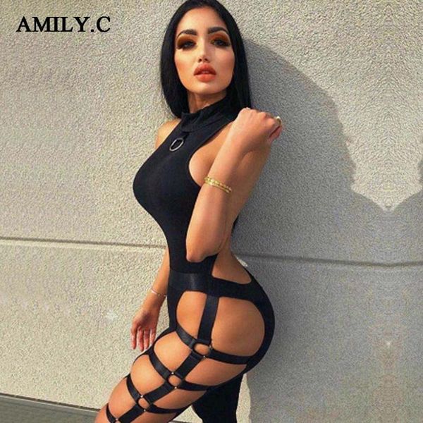 

women's jumpsuits & rompers 2021 latest summer bandage jumpsuit female black sleeveless high collar metal hollow celebrity party runway, Black;white