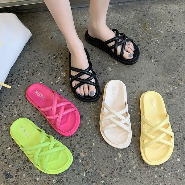 

slippers rimocy summer platform women cross belt soft pu leather beach flip flops woman comfort candy color flat slide sandals, Black
