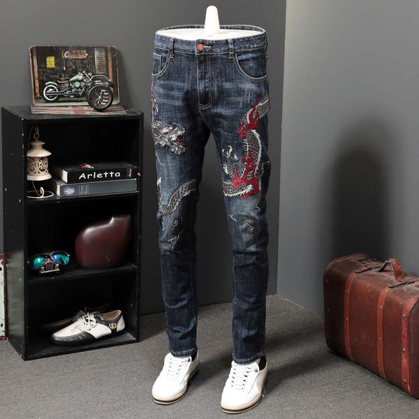 

autumn and winter blue dragon embroidery jeans handsome leisure fashion long pants men's personalitywinter
