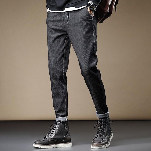 

black fashion jeans stripe men slim fit pencil pants autumn winter casual elastic waist drawstring denim trousers, Blue