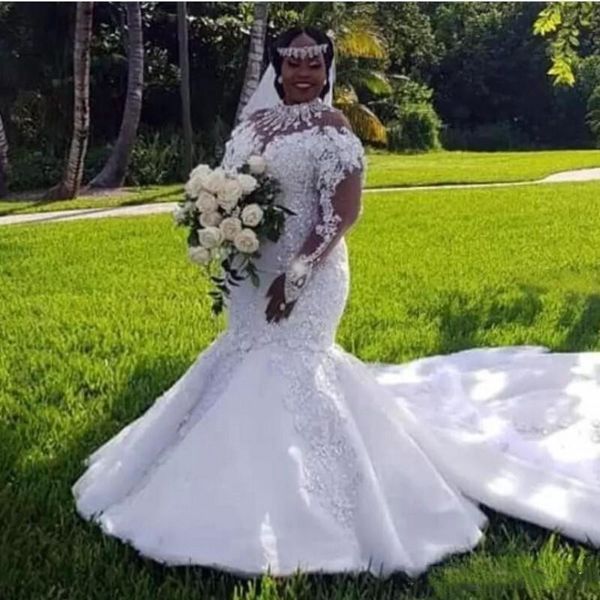 

african plus size wedding gowns high neckline illusion long sleeve appliques beaded mermaid bridal gown court train, White