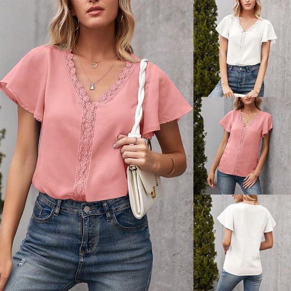 

women's t-shirt fashion v-neck casual loose hollow, White