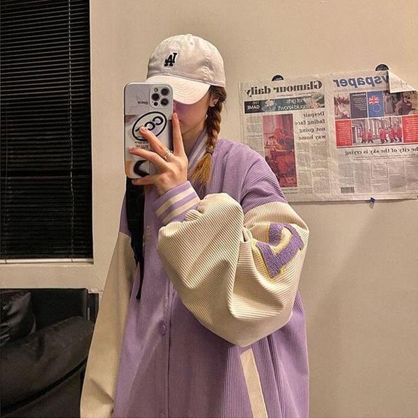 

women's jackets gentle jacket for women 2021 retro hong kong style corduroy aesthetic niche purple baseball uniform preppy streetwear, Black;brown