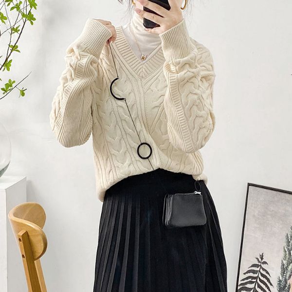 

2021 new autumn winter women knit sweater female v-neck knitted pullovers long sleeve e0ec, White;black