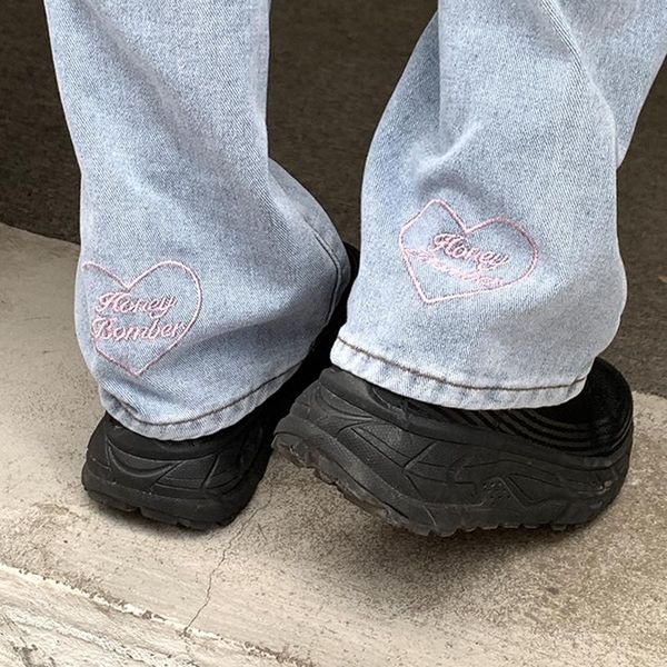 

women's jeans vintage heart shaped embroidery streetwear high waist wide leg pants baggy harajuku straight denim trouser, Blue