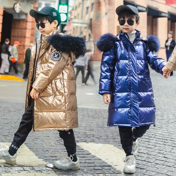 

2021 new winter coats fashion hood leather collar big parkas jackets for teenage thick boys long-style children clothes 0oxl, Blue;gray