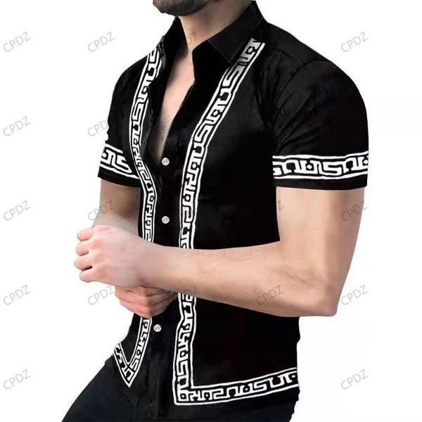 

men's casual shirts printed shirt trendy lapel summer outdoor loose letter striped printed button down short sleeve mens tees beach par, White;black
