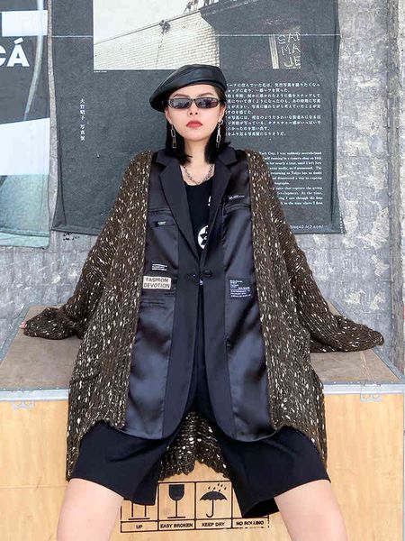 

women's wool & blends large size stitching suit collar sweater jacket autumn winter mid-length loose-fitting knitted cardigan hrfk, Black