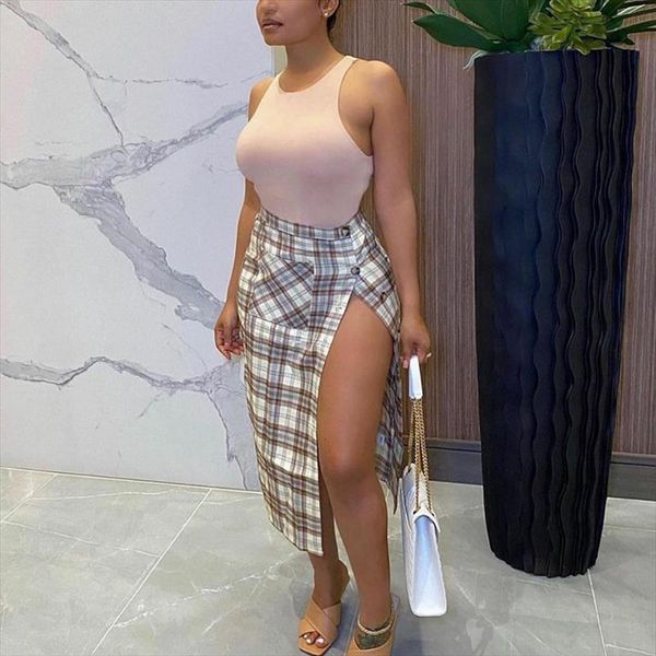 

elegant plaid high waist women skirt irregular buttons design slit long, Black