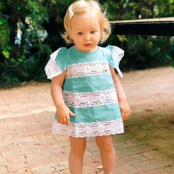 

baby clothes spring summer girls newborn ins lace patchwork fly sleeve t-shirt + shorts pp pants suit two piece outfits h23n1vu, Blue