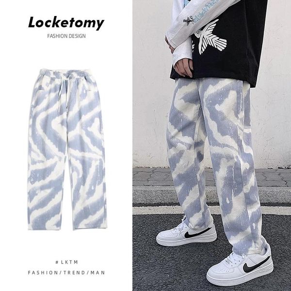 

men's jeans and women's couples tie-dye trendy brand net red blue white straight loose elastic waist drawstring pants