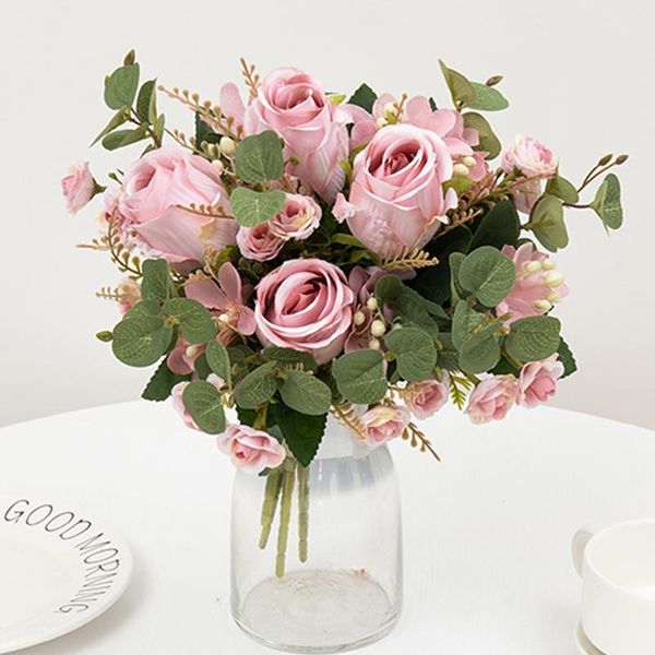 

decorative flowers & wreaths silk pink retro artificial rose fake eucalyptus autumn bouquet christmas wedding home living room