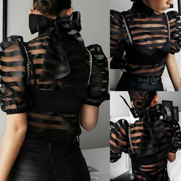 

fashion womens mesh long sleeve shirts high neck sheer back bow striped puff sleeve blouse casual party club evening spring, White