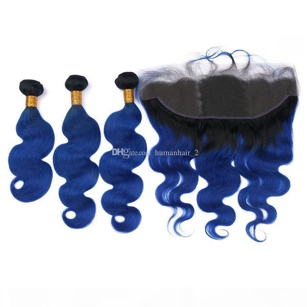 

dark blue body wave lace frontal with bundles two tone 1b blue body wave ombre human hair weaves with lace frontal closure, Black;brown