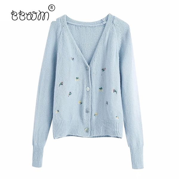 

women sweet chic floral embroidery cardigans vintage v-neck single breasted sweaters girls casual outerwear 210531, White