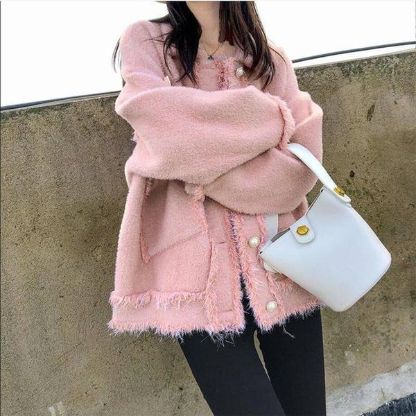 

2021 new women autumn winter imitation mink cashmere sweater cardigan female tassel loose casual short jacket knitted outerwear n237vn6o, White;black