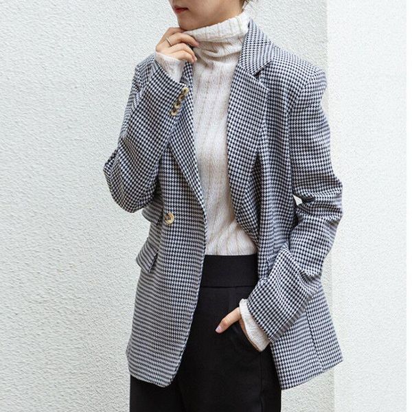 

women's suits & blazers 2021 spring blazer women single breasted slim jacket official ladies houndstooth long sleeve outerwear, White;black