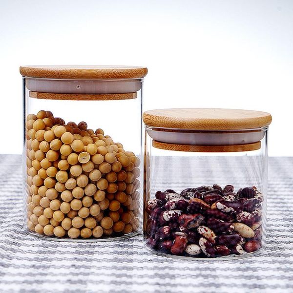 

1pc high borosilicate glass jar sealed jar transparent glass container with bamboo cover for storage (450ml)