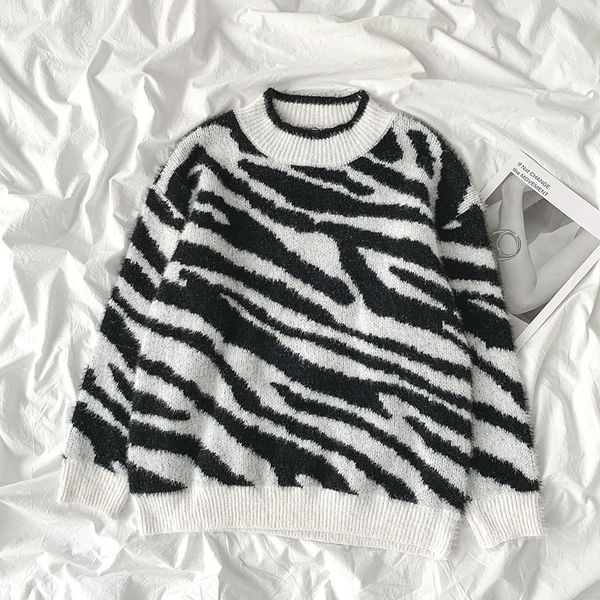 

2021 new zebra leopard sweater women fashion loose long sleeved streetwear pullover woman black white print oversize knit sweaters 931j, White;black