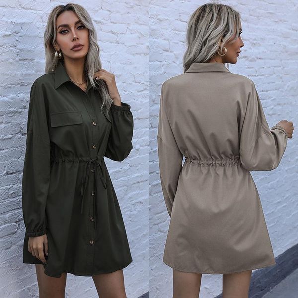 

casual dresses 2021 lapel solid color mid-length dress is thin and temperament waist cardigan female spring, Black;gray