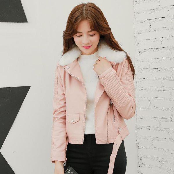 

women's leather & faux casual winter women short jacket fashion slim turn-down collar solid motorcycle pu coat, Black