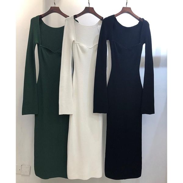 

casual dresses designer dress for women 100% viscose square collar long sleeve mid-calf lady 2021, Black;gray