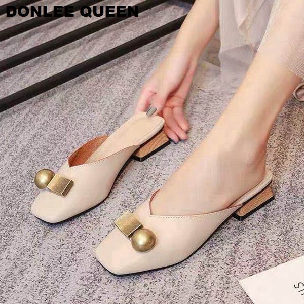 

women slippers sandals 2020 summer wooden block heel slip on mule flat heel casual shoes metal buckle slides slipper big size 41, Black