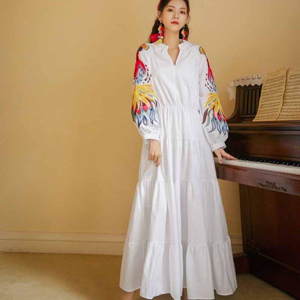 

casual dresses 2021 fashion v neck floral print bohemia dress autumn ethnic woman long sleeve elegant temperament maxi, Black;gray