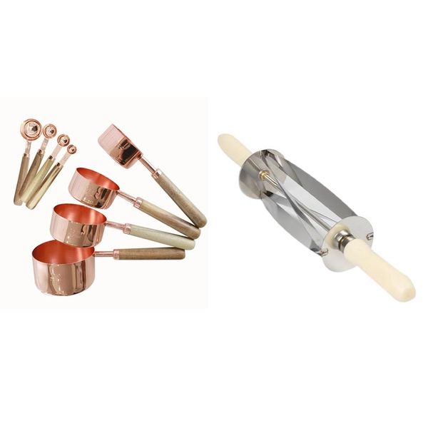 

8pcs measuring cups spoons set wood handle stainless steel & 1x stainless steel roll-shaped croissant knife round knife