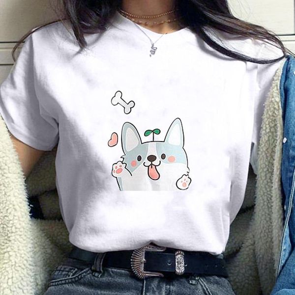 

women's t-shirt cute dog print t-shirts casual oversized crew neck summer lady short sleeve tee shirt blouse camisetas de mujer, White