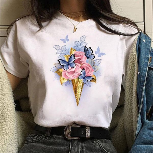 

butterfly flower ice cream print women t shirts o neck short sleeve tee ladies cute clothing, White
