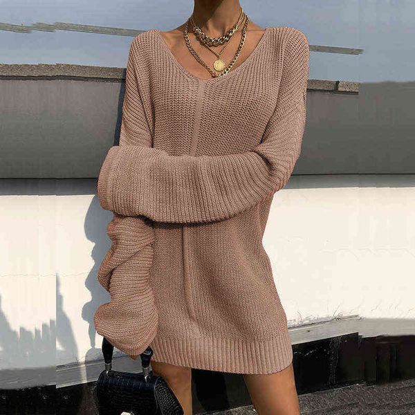 Сексуальная V-образным вырезом вязаный свитер Свободное платье Дамы осень зима мода джемпер платье женщины элегантные сплошные с длинным рукавом свободные платья Y1204