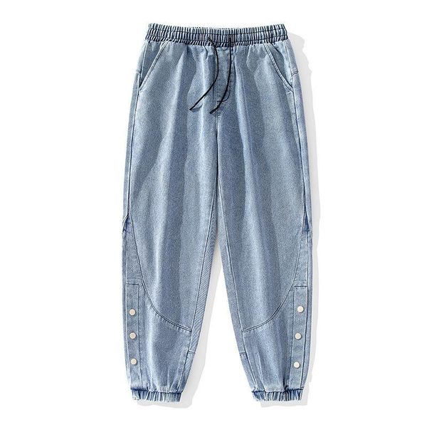 

men's jeans washed stitching oversize straight loose hiphop streetwear wide-leg 9-point denim pants casual all-match trousers autumn, Blue