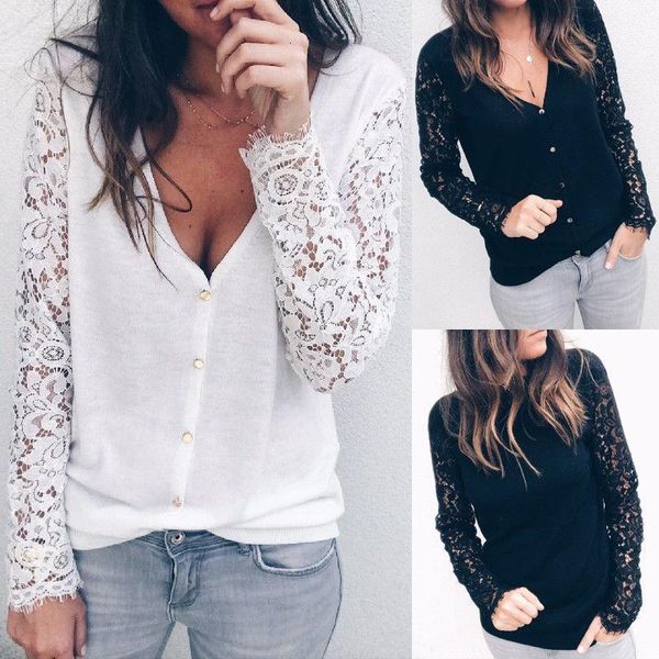 

2021 new elegant women long sleeve loose lace casual hollow out solid t-shirt slim fashion clothes 2 colors, White