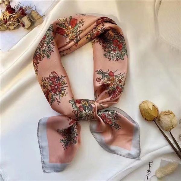 

scarves 2021 fashion silk satin hair scarf women small floral printed bandanna head bag scarfs female 70*70 cm kerchief neck, Blue;gray